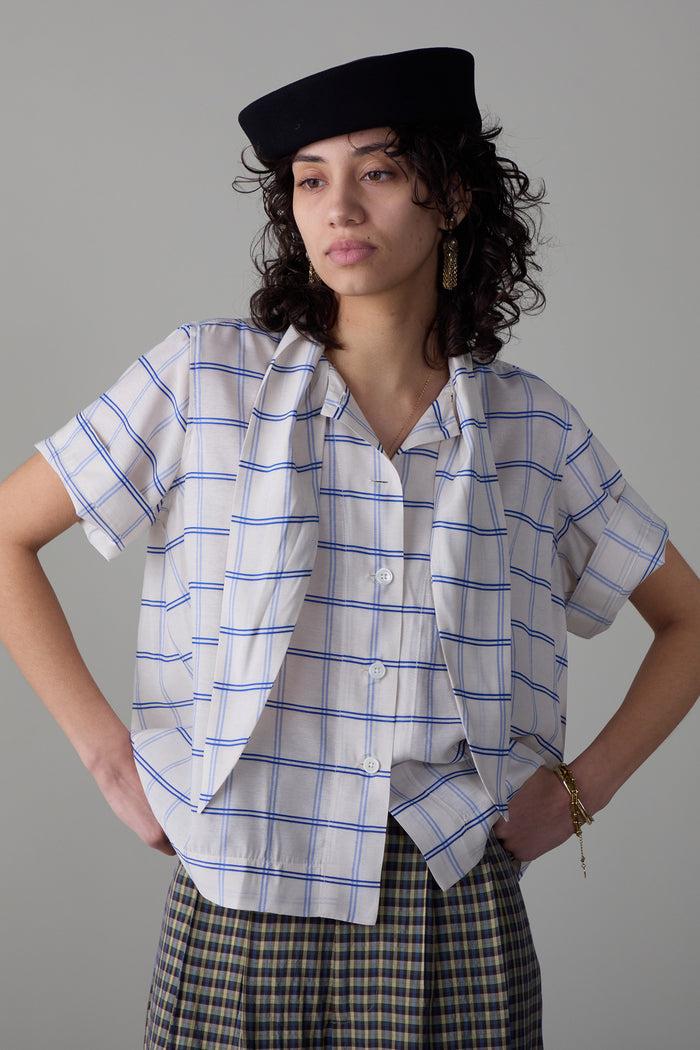 caron callahan WESLEY SHIRT Cream & Blue Windowpane Plaid