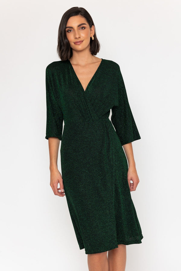 Carraig Donn 3/4 Sleeve Lurex Wrap Knee Length Dress In Green