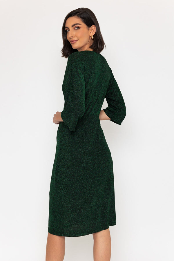 Carraig Donn 3/4 Sleeve Lurex Wrap Knee Length Dress In Green
