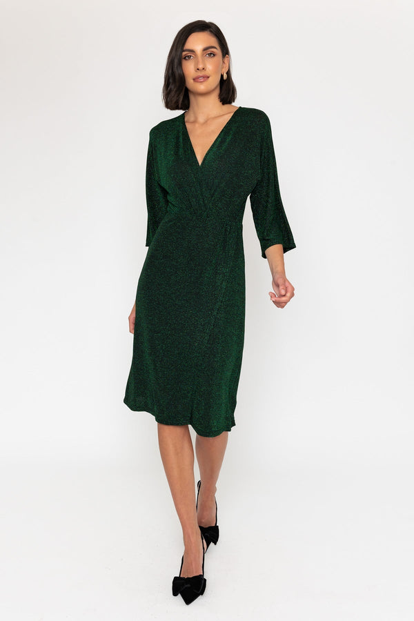 carraig donn 3/4 Sleeve Lurex Wrap Knee Length Dress in Green