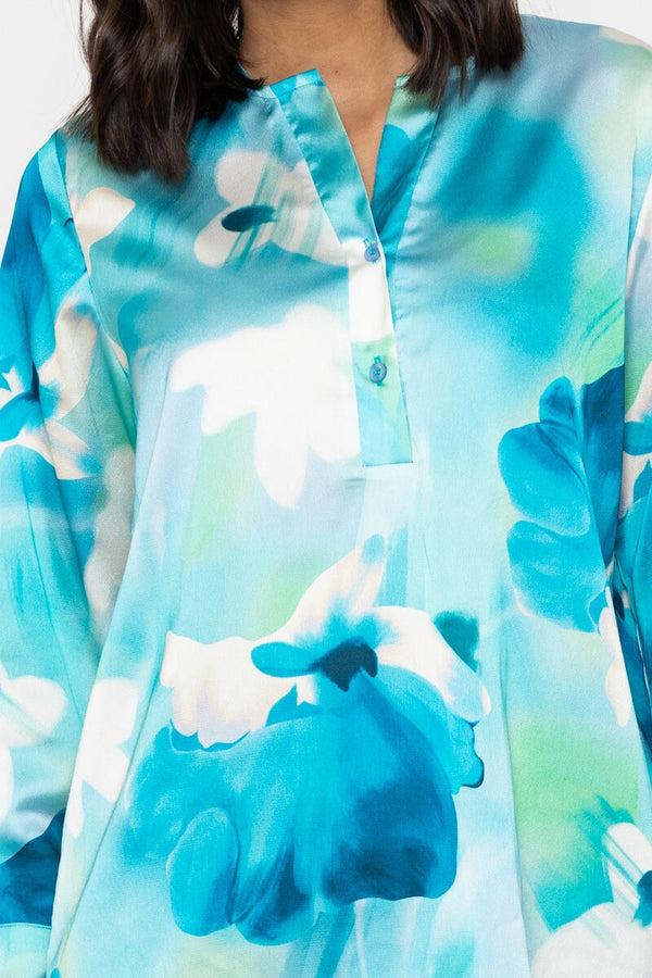Carraig Donn Aqua Blue Print Sateen Long Sleeve Blouse
