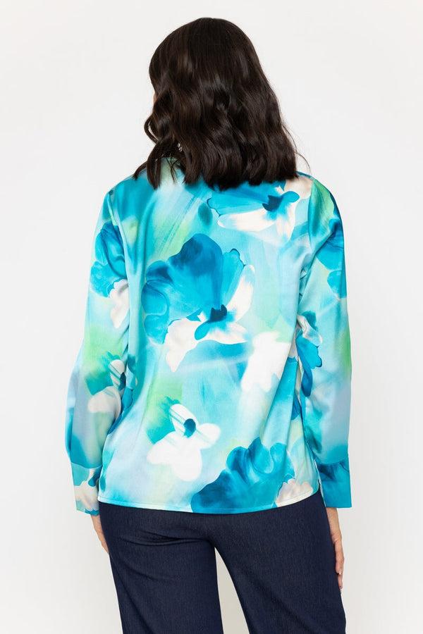 Carraig Donn Aqua Blue Print Sateen Long Sleeve Blouse