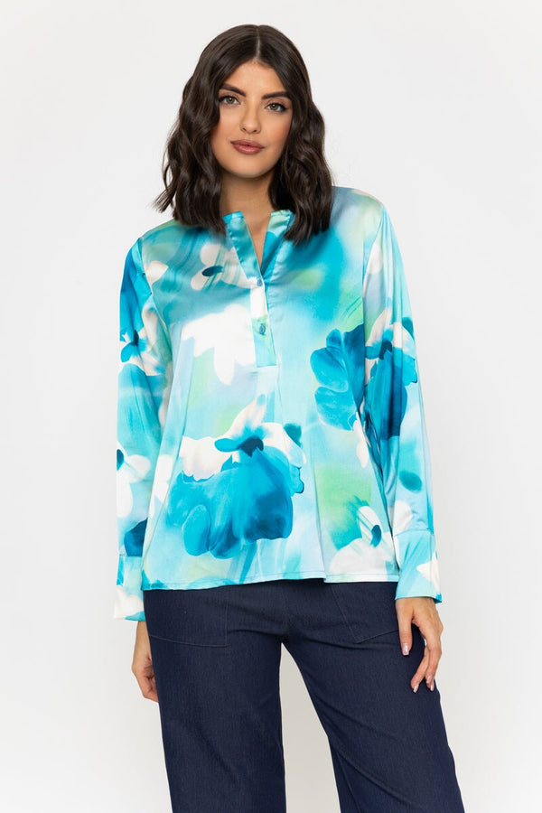 Carraig Donn Aqua Blue Print Sateen Long Sleeve Blouse