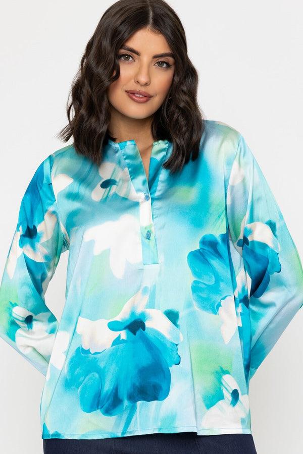 carraig donn Aqua Blue Print Sateen Long Sleeve Blouse