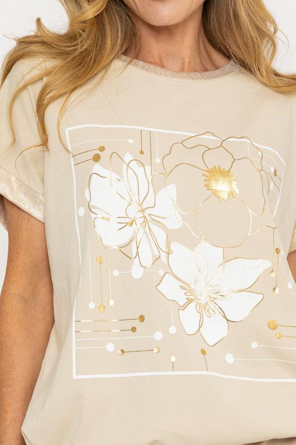 Carraig Donn Beige Drawstring Hem Floral Print T-Shirt