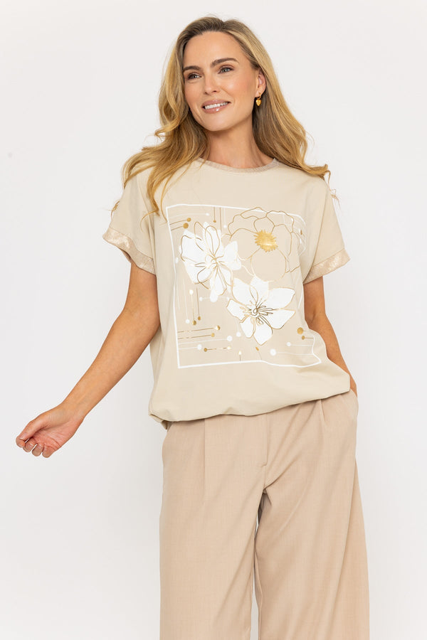 carraig donn Beige Drawstring Hem Floral Print T-Shirt