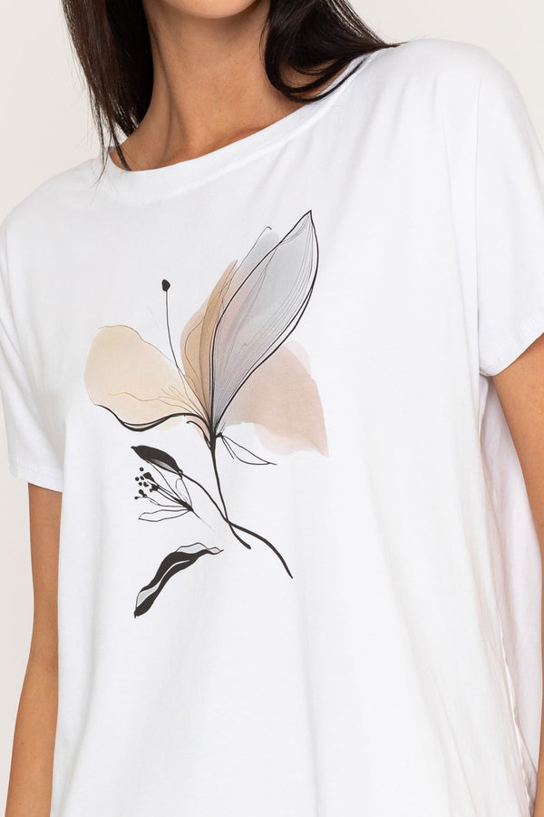 Carraig Donn Beige Floral Print Dip Hem White T-Shirt