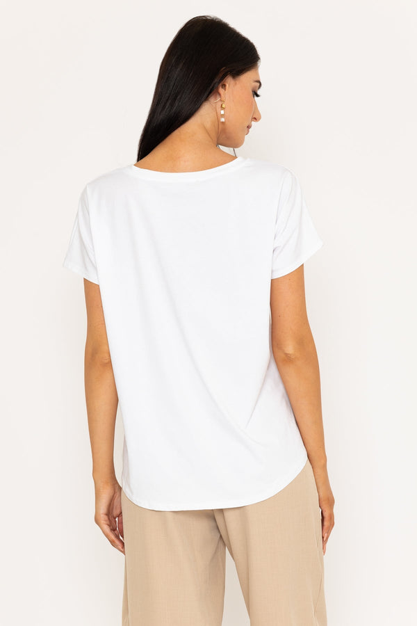 Carraig Donn Beige Floral Print Dip Hem White T-Shirt