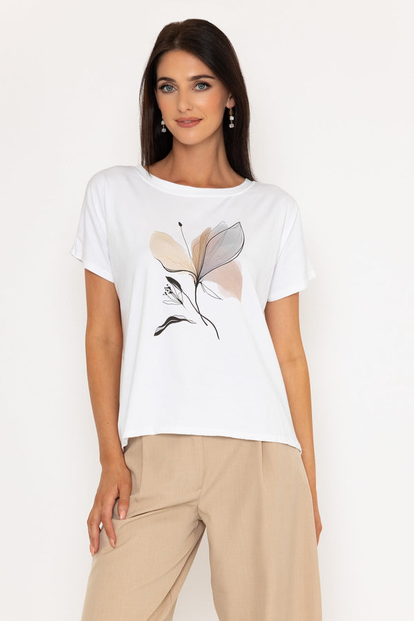 Carraig Donn Beige Floral Print Dip Hem White T-Shirt
