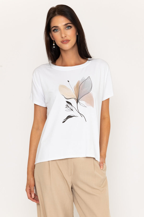 carraig donn Beige Floral Print Dip Hem White T-Shirt