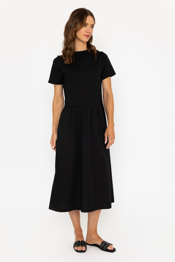 Carraig Donn Black Dress With Short Sleeves And Contrast Fabric Skirt