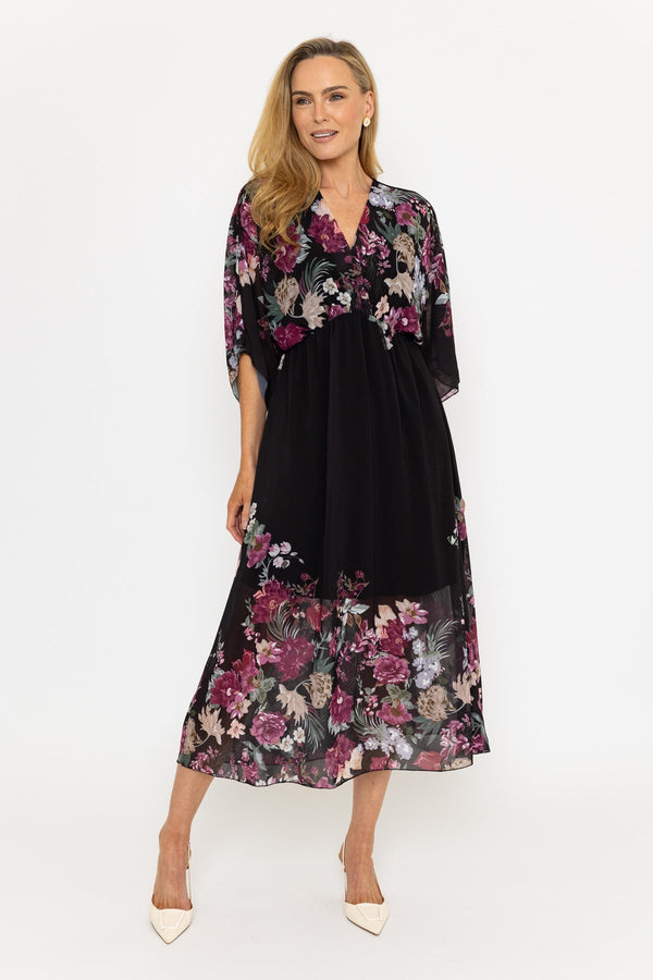 carraig donn Black Floral Print Empire Waist Midi Dress