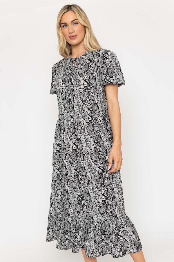 Carraig Donn Black Paisley Midi Dress With Tie Neck