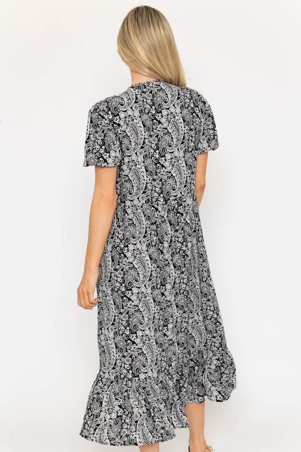 Carraig Donn Black Paisley Midi Dress With Tie Neck