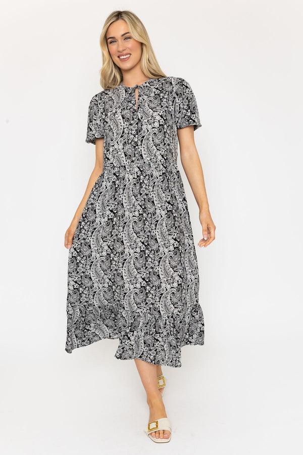 carraig donn Black Paisley Midi Dress with Tie Neck