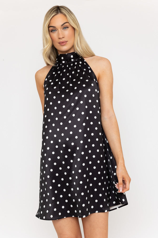 Carraig Donn Black Satin Polka Dot Halter Mini Dress