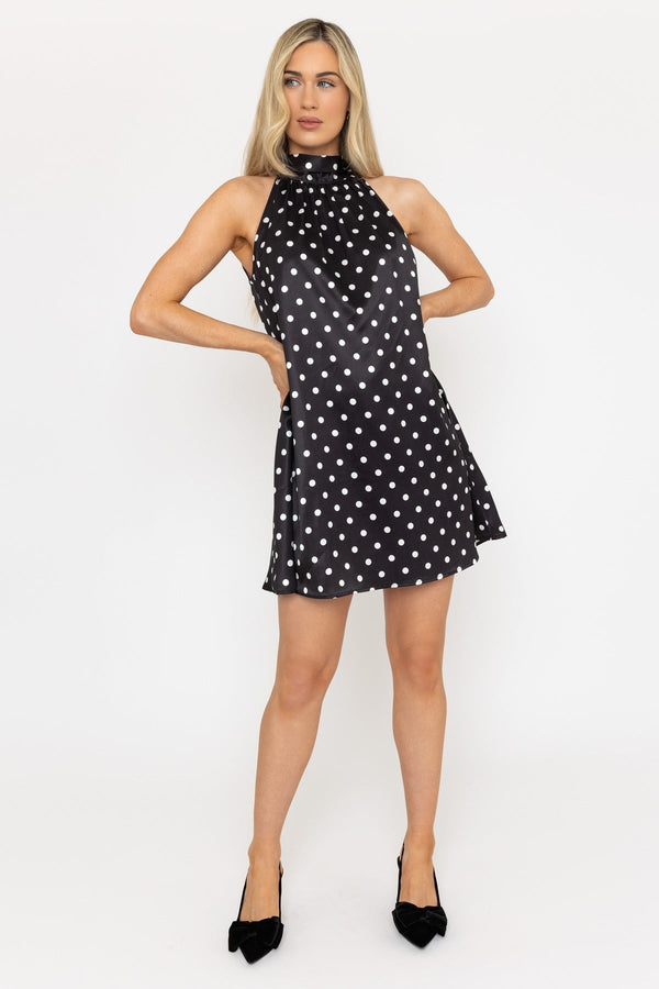 carraig donn Black Satin Polka Dot Halter Mini Dress