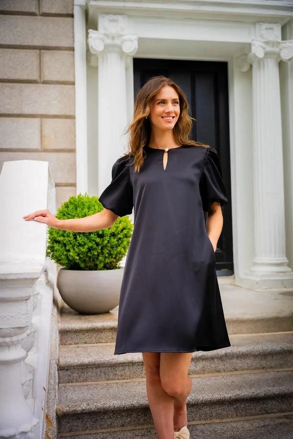 Carraig Donn Black Satin Puff Sleeve Knee Length Dress