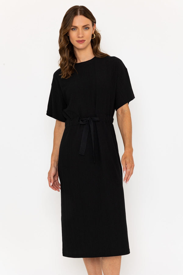 Carraig Donn Black Short Sleeve Midi Dress With Drawstring Waist