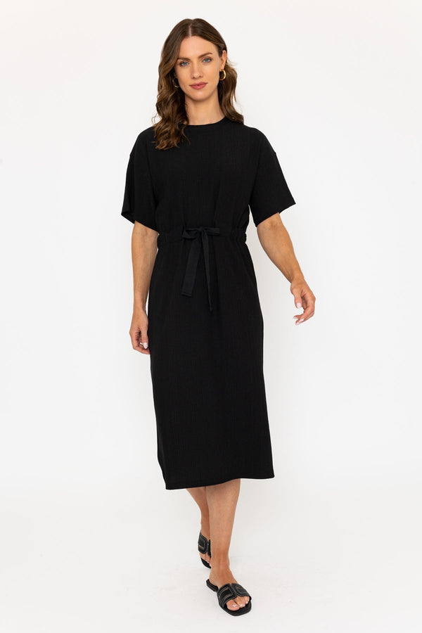 carraig donn Black Short Sleeve Midi Dress with Drawstring Waist