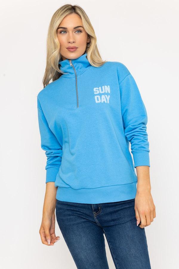 carraig donn Blue 1/4 Zip Sweatshirt with 'Sunday' Embroidery