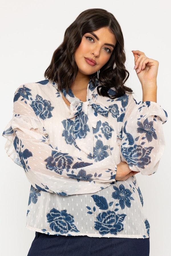 Carraig Donn Blue Floral Print Boho Pussybow Blouse