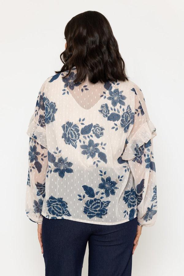 Carraig Donn Blue Floral Print Boho Pussybow Blouse