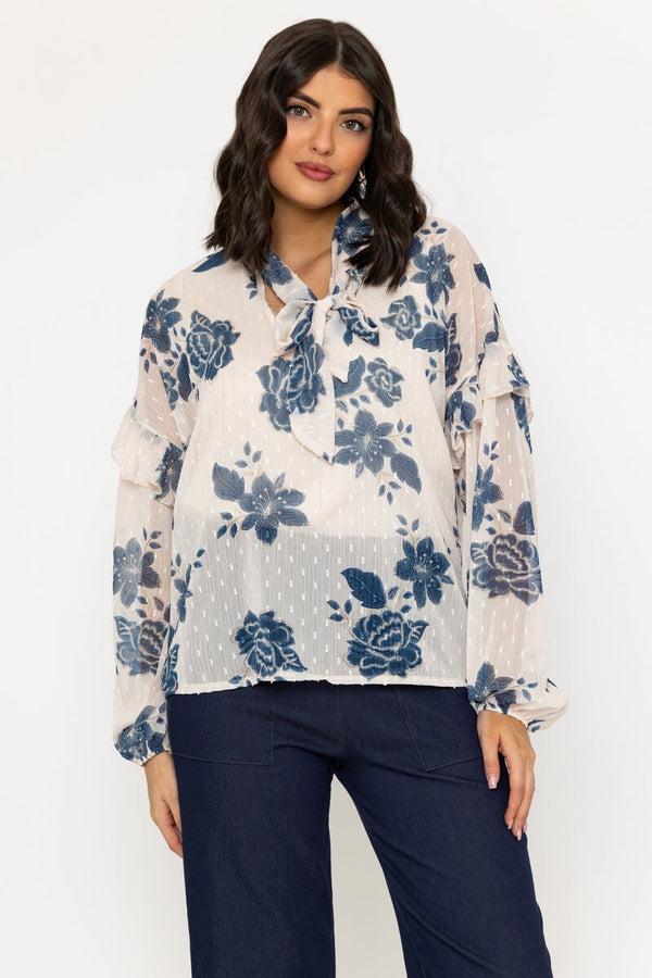 carraig donn Blue Floral Print Boho Pussybow Blouse