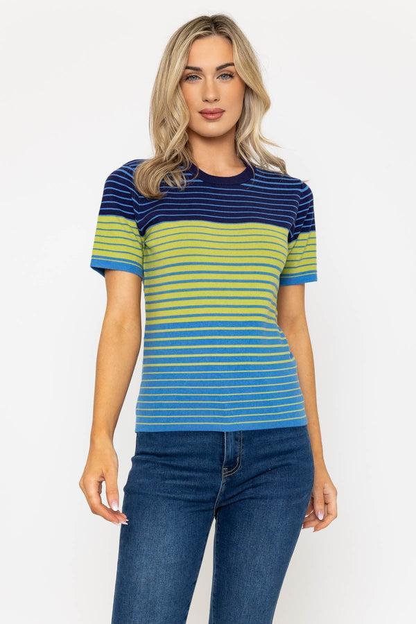 Carraig Donn Blue & Green Short Sleeve Striped Knit Top