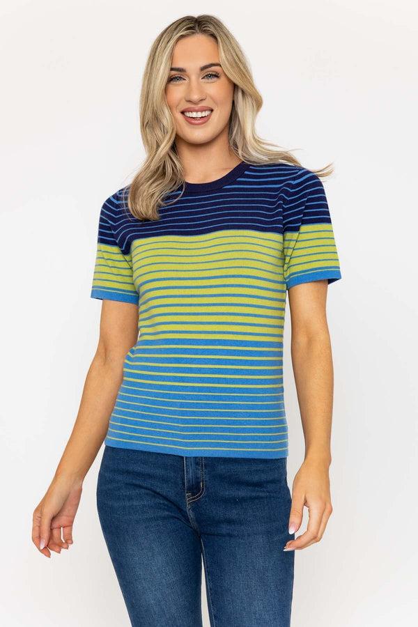 carraig donn Blue & Green Short Sleeve Striped Knit Top
