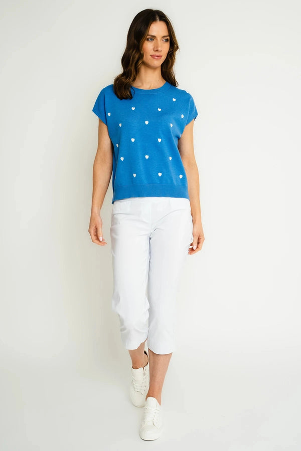 Carraig Donn Blue Short Sleeve Heart Embroidered Knit Top