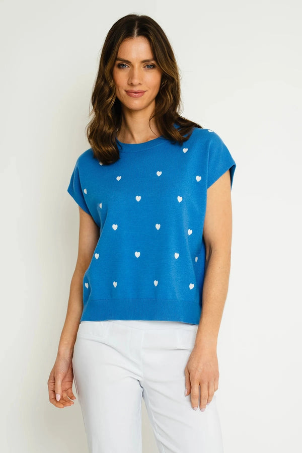 carraig donn Blue Short Sleeve Heart Embroidered Knit Top
