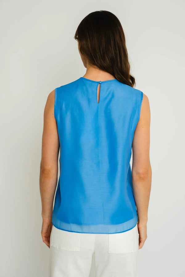 Carraig Donn Blue Sleeveless Top With Flower Corsage Detail