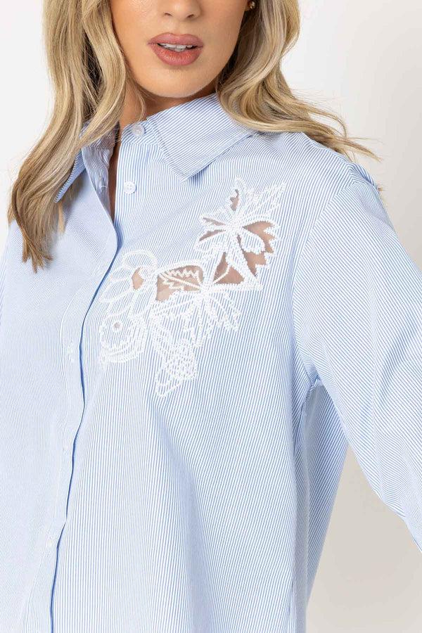 Carraig Donn Blue Striped Shirt With Lace Detailing