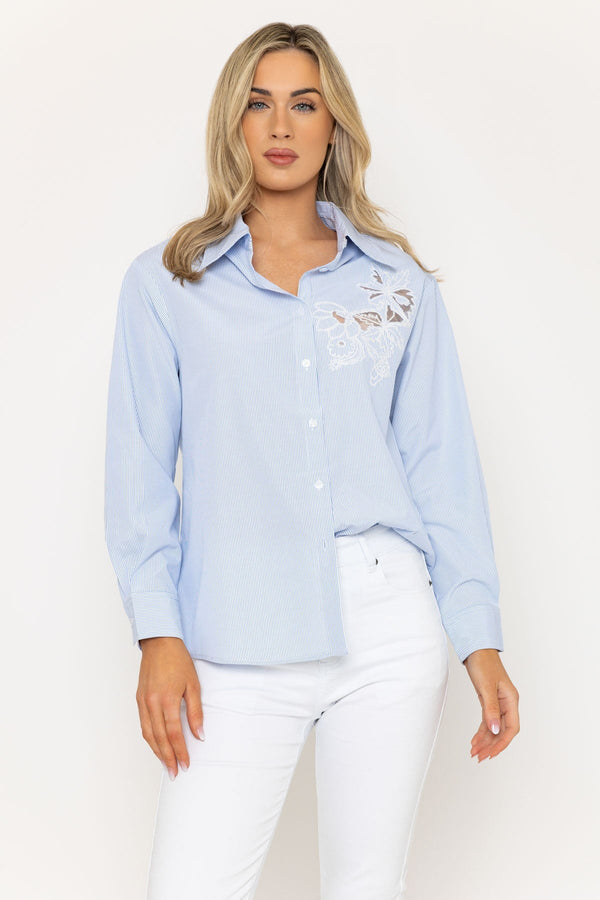 Carraig Donn Blue Striped Shirt With Lace Detailing