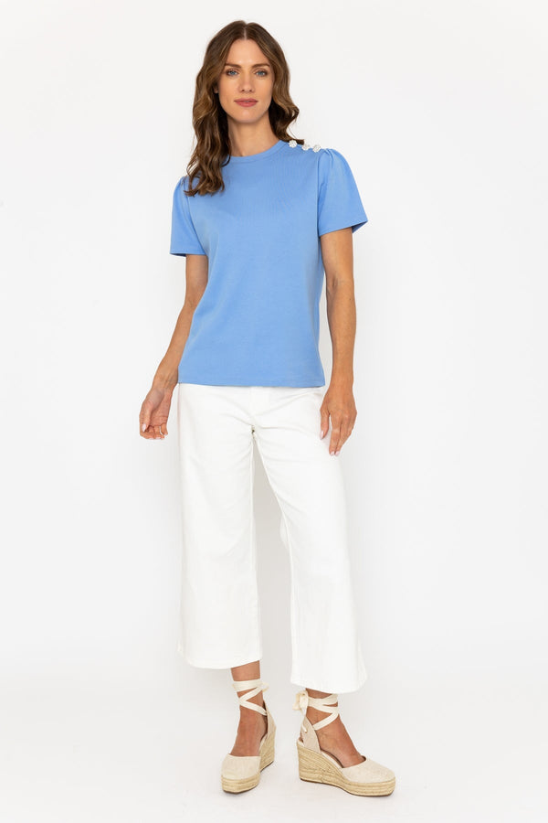 Carraig Donn Blue Top With Embellished Buttons On Shoulder