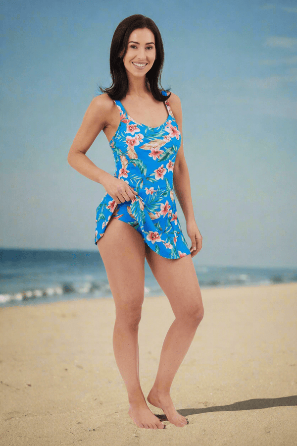 Carraig Donn Blue Tropical Floral Print Full Skirt Swimsuit