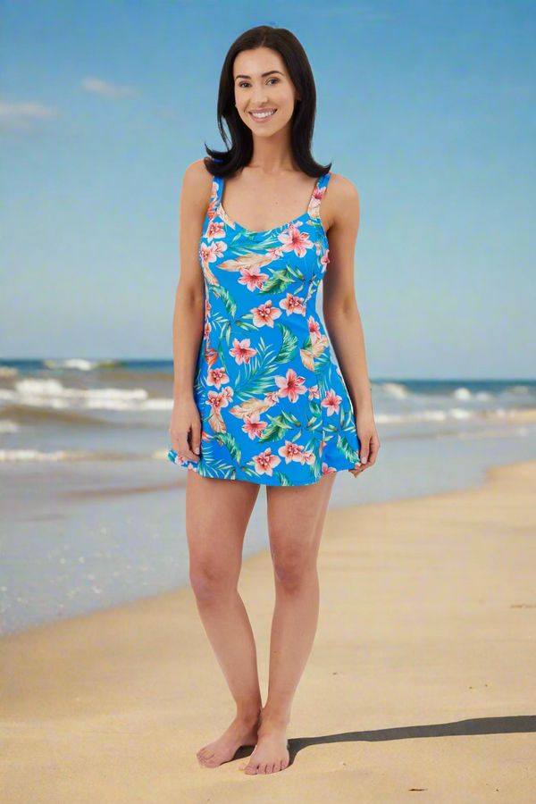 carraig donn Blue Tropical Floral Print Full Skirt Swimsuit