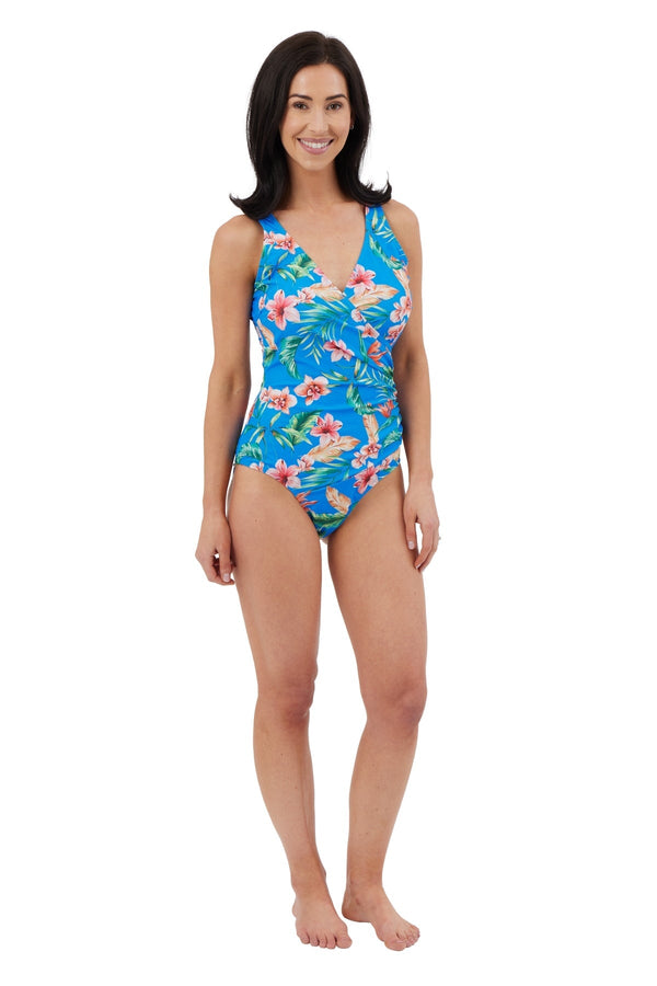Carraig Donn Blue Tropical Floral Print Pleated Swimsuit