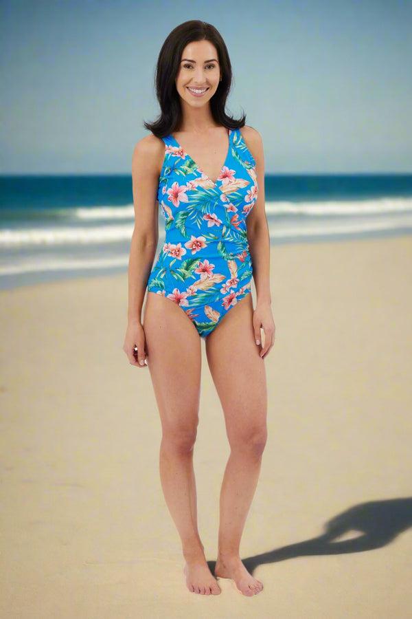 carraig donn Blue Tropical Floral Print Pleated Swimsuit