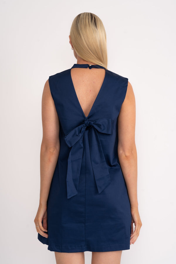 Carraig Donn Bow Back Cotton Sateen Mini Dress In Navy