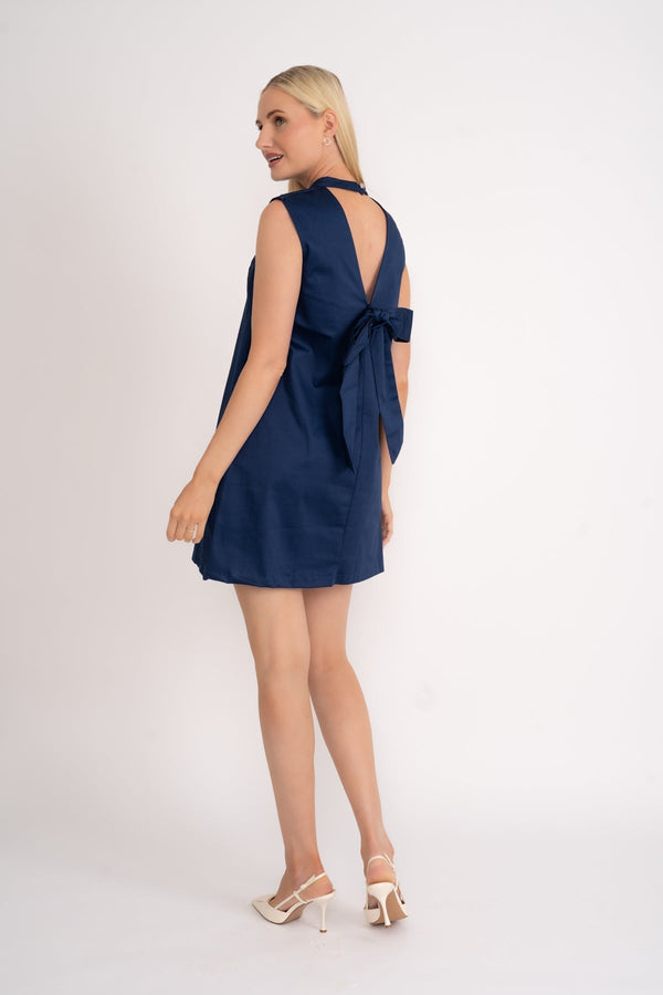 Carraig Donn Bow Back Cotton Sateen Mini Dress In Navy