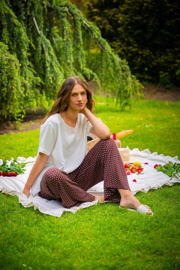 Carraig Donn Brown Polka Dot Trousers With Elastic Waist