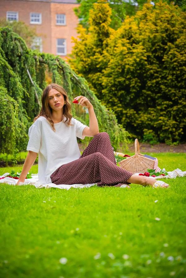 Carraig Donn Brown Polka Dot Trousers With Elastic Waist