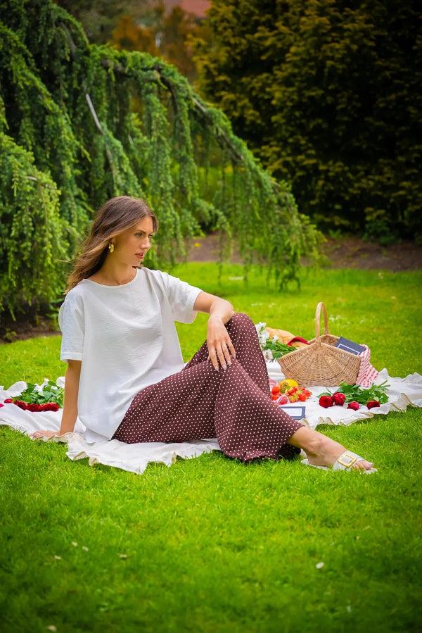 Carraig Donn Brown Polka Dot Trousers With Elastic Waist