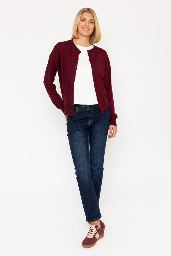 Carraig Donn Burgundy Fine Gauge Crew Neck Cardigan
