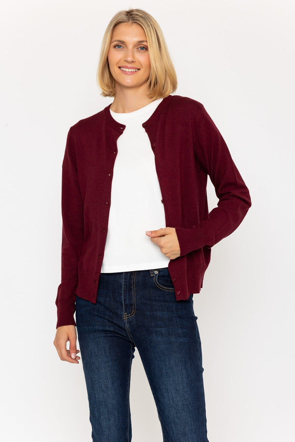 carraig donn Burgundy Fine Gauge Crew Neck Cardigan