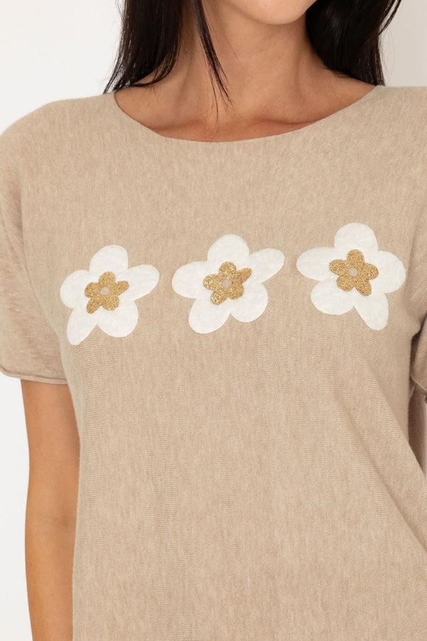 Carraig Donn Beige Floral Knit Short Sleeve Top
