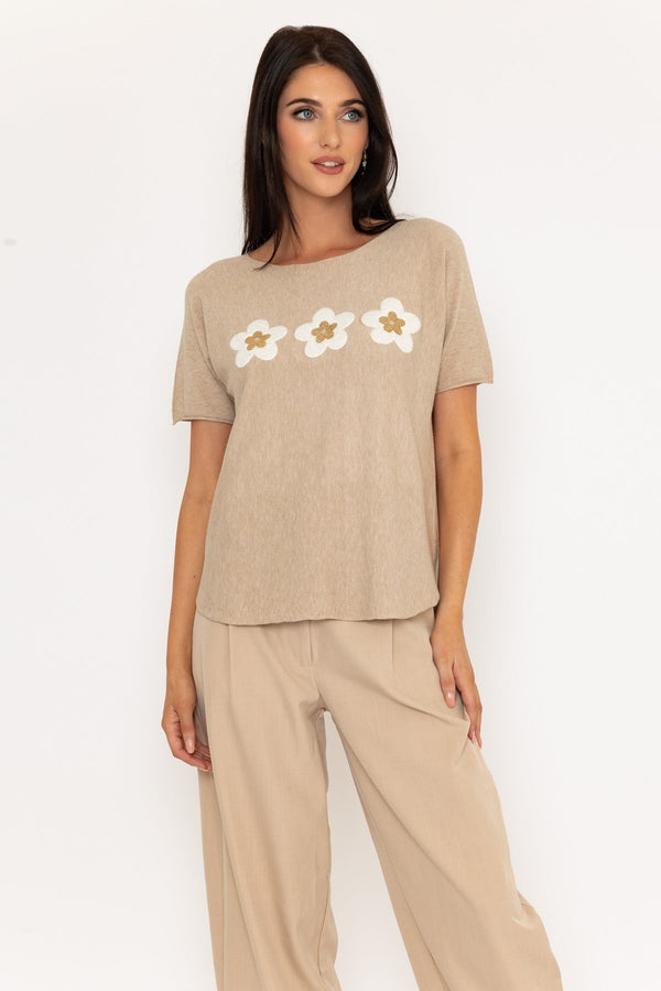 Carraig Donn Beige Floral Knit Short Sleeve Top