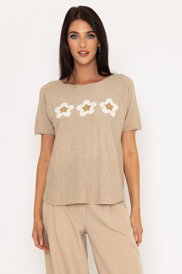carraig donn Beige Floral Knit Short Sleeve Top